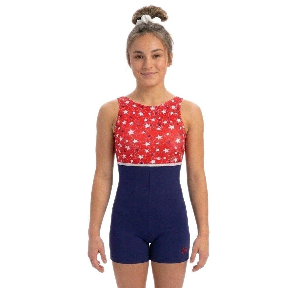 GK Elite VTG Patriotic Foiled Stars Logo Biketard Unitard Red White Blue Size AS